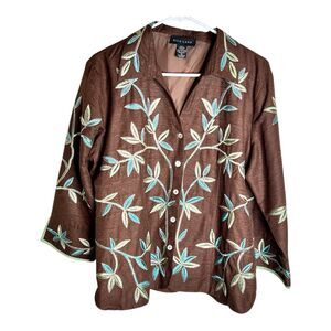 Silk Land Embroidered  Blazer Jacket Sz XL Brown Silk With Lining Lightweight
